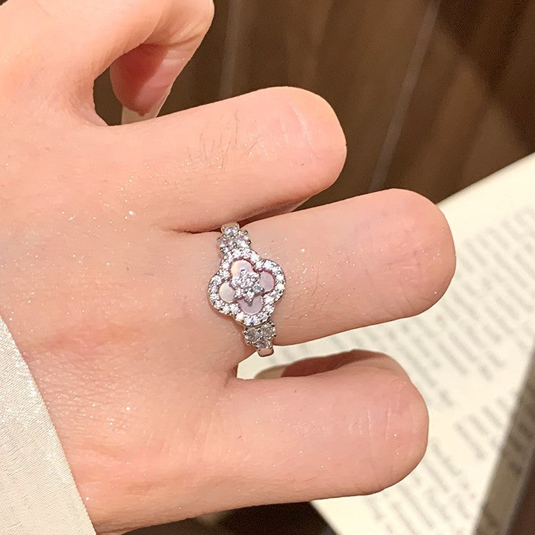 Pink Mother-of-Pearl Petal Ring - Adjustable Floral Open Ring in Silver or Rose Gold, Light Luxury Fairy Style
