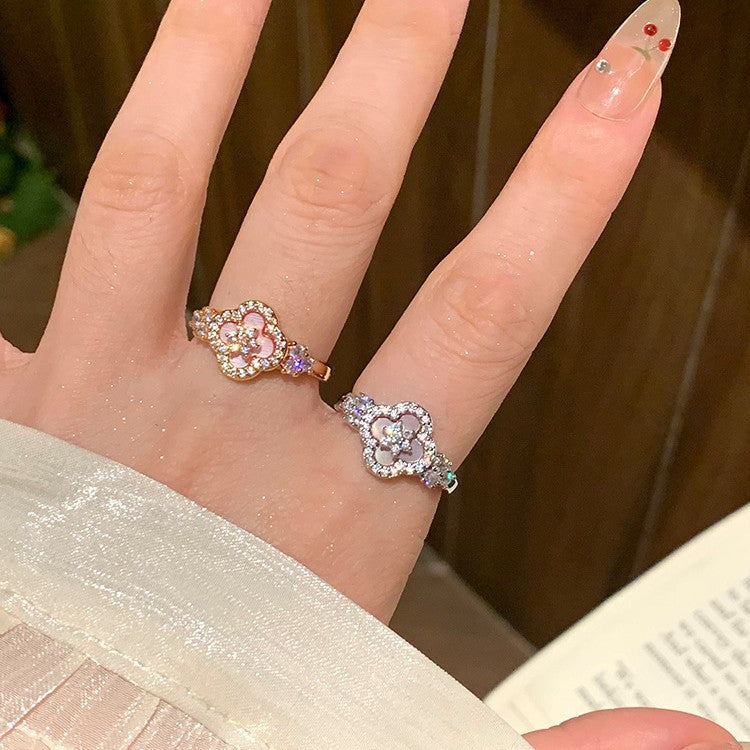 Pink Mother-of-Pearl Petal Ring - Adjustable Floral Open Ring in Silver or Rose Gold, Light Luxury Fairy Style