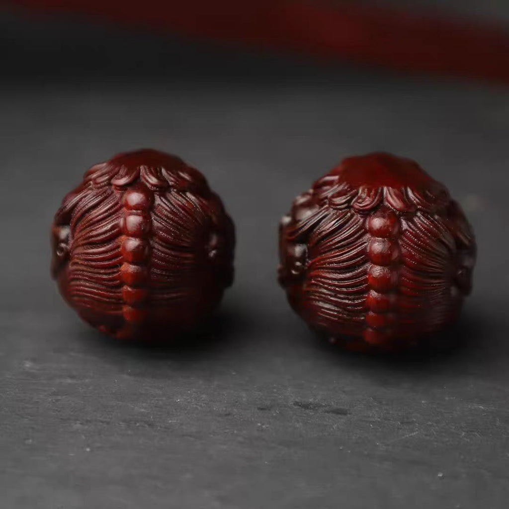 Red Sandalwood Hand Massage Health Balls - Pixiu Carved Wooden Stress & Acupressure Therapy Balls (Pair)