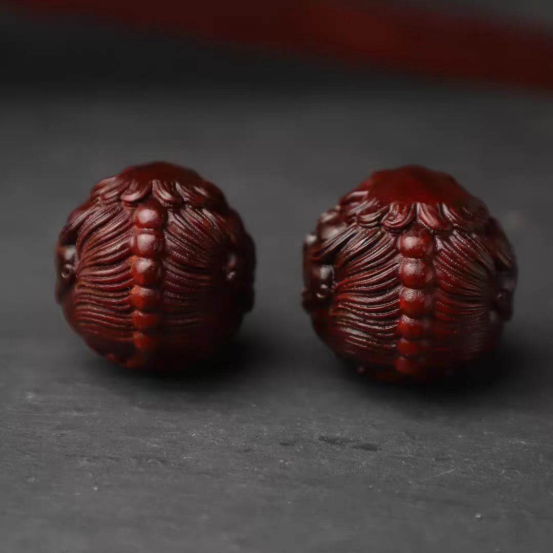 Red Sandalwood Hand Massage Health Balls - Pixiu Carved Wooden Stress & Acupressure Therapy Balls (Pair)