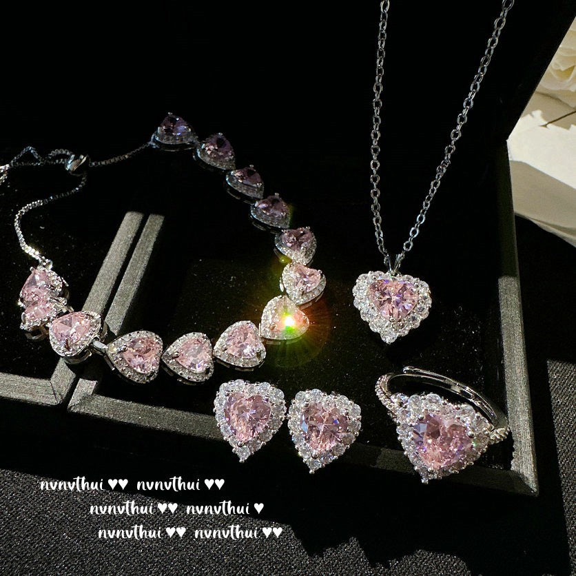 18K Gold Plated Pink Heart Zircon Jewelry Set - Adjustable Bracelet, Necklace, Ring & Earrings Palace Style Set
