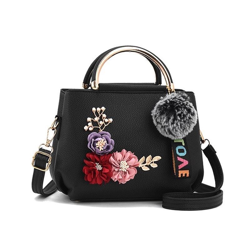 Floral Embroidered PU Shoulder Bag Foldable Medium Handbag