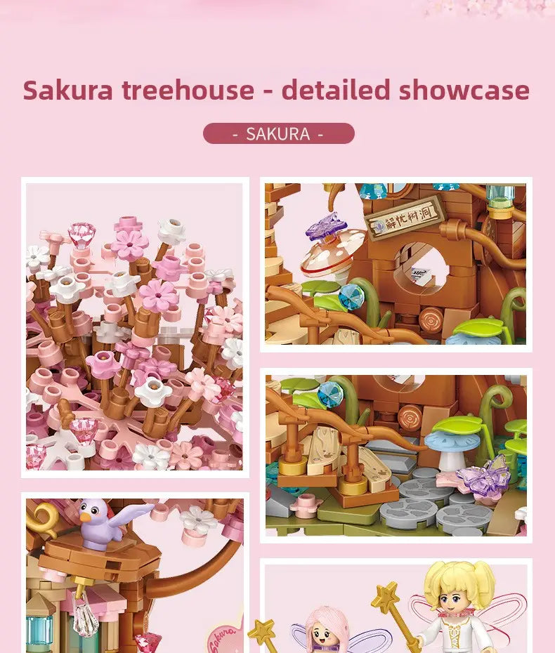 DIY Sakura Tree House Building Blocks Set (400-800 Pieces) - Pink Cherry Blossom Mini House Construction Toy Gift