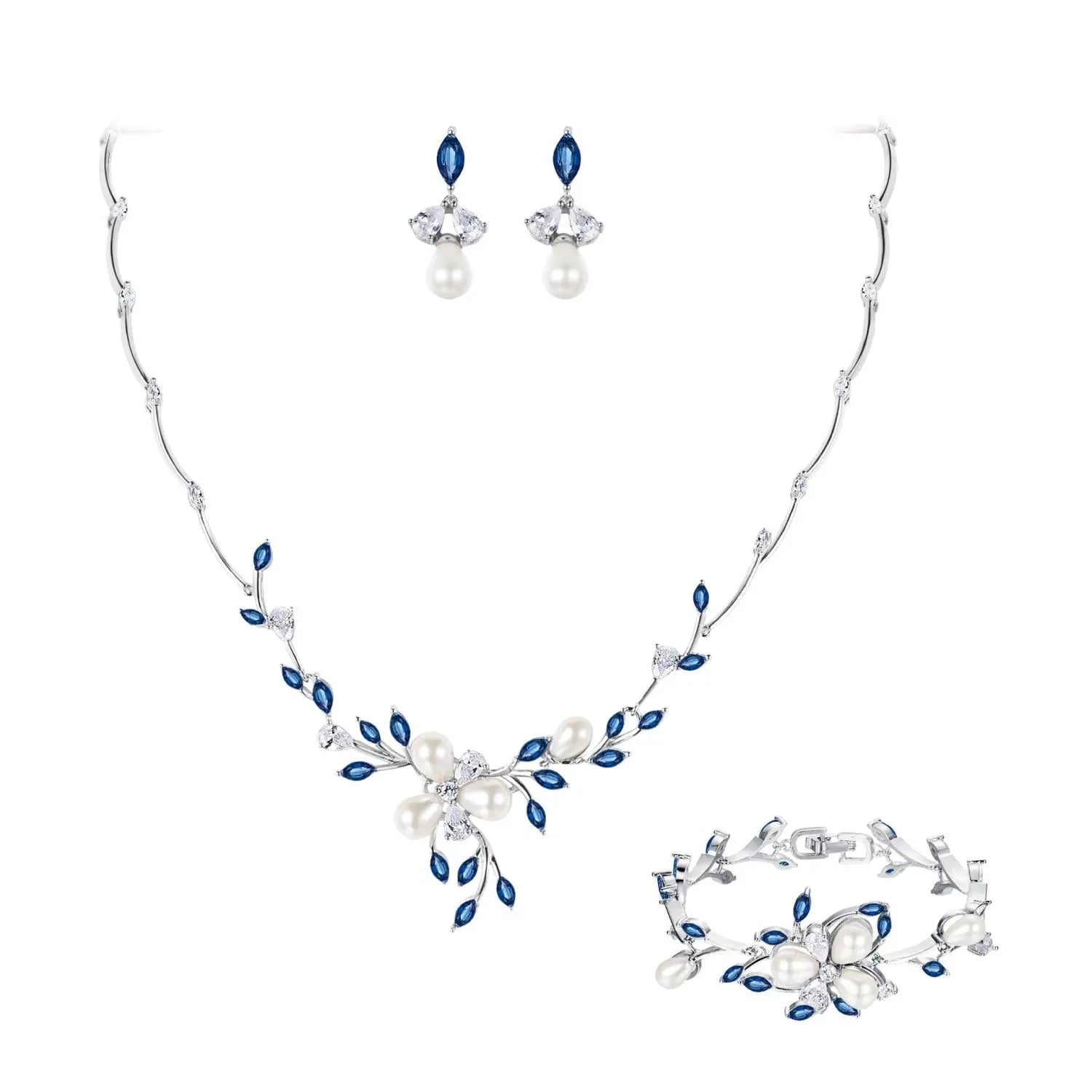 Silver Vine and Pearl Bridal Jewelry Set with Blue Stones