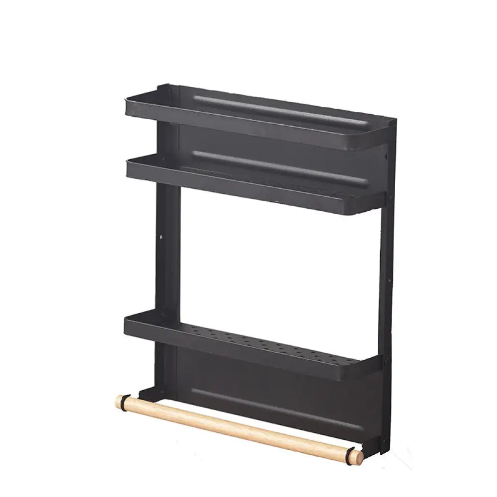 Foldable Magnetic Refrigerator Rack - 3-Tier Wall Mounted Iron Kitchen Storage Shelf (White or Black) - Black