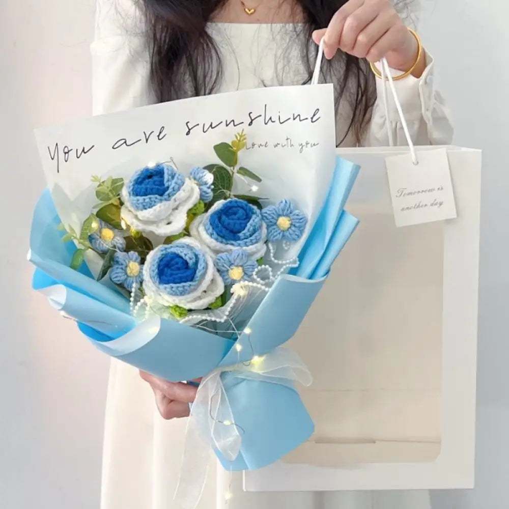 Handmade Wool Rose Bouquet with LED Lights - Eternal Floral Gift with Handbag for Valentine?s Day & Birthdays - 3 sky