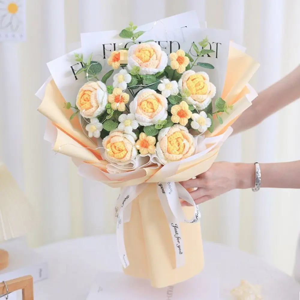 Handmade Wool Rose Bouquet with LED Lights - Eternal Floral Gift with Handbag for Valentine?s Day & Birthdays - 6 lemon