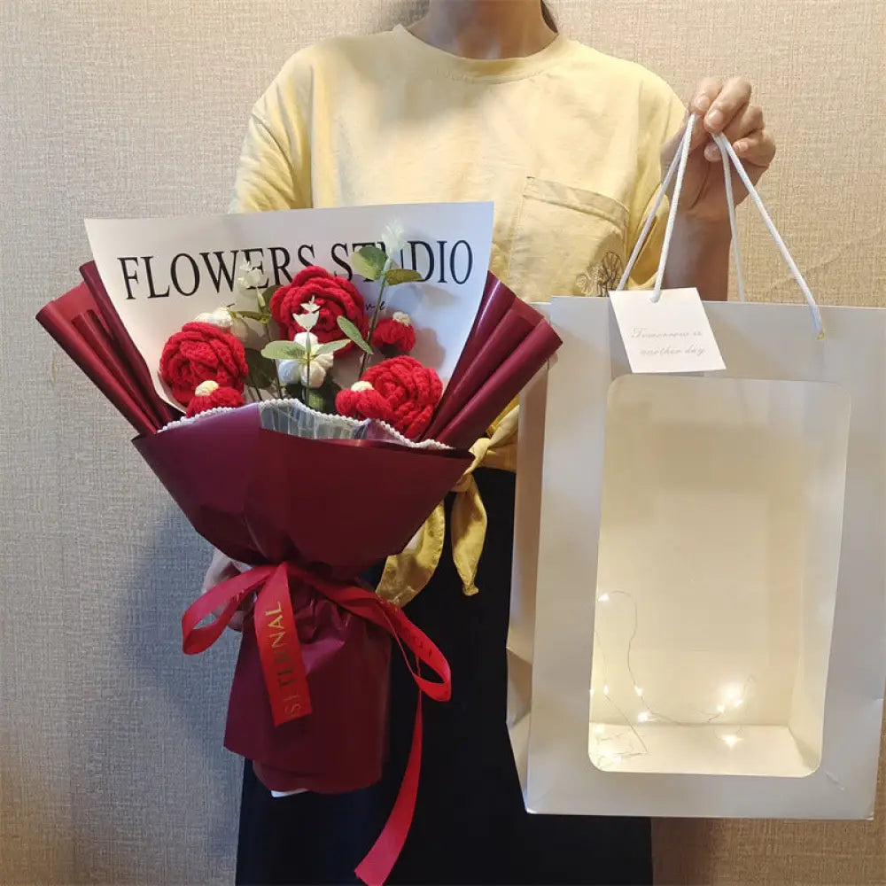 Handmade Wool Rose Bouquet with LED Lights - Eternal Floral Gift with Handbag for Valentine?s Day & Birthdays - 3