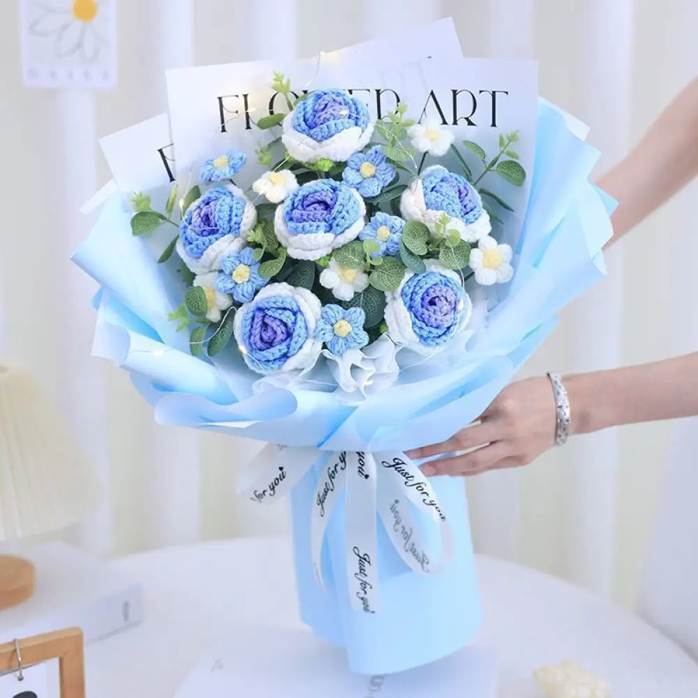 Handmade Wool Rose Bouquet with LED Lights - Eternal Floral Gift with Handbag for Valentine?s Day & Birthdays - 6 sky