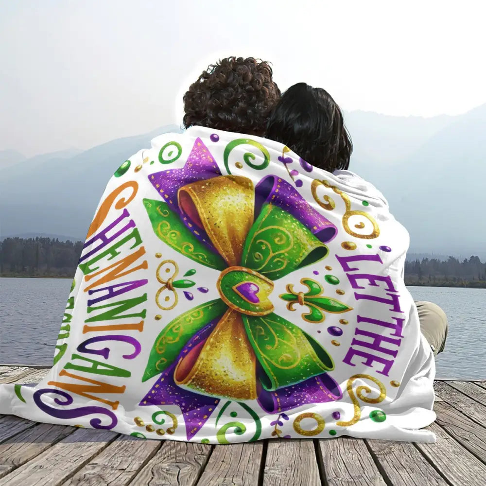 Mardi Gras Flannel Fleece Blanket Soft Warm Shenanigans Design - Holiday Gifts