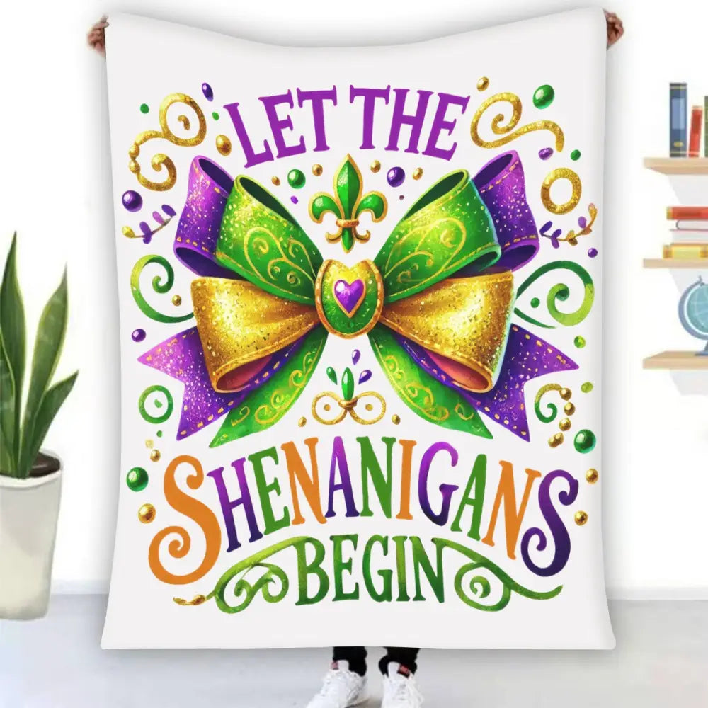 Mardi Gras Flannel Fleece Blanket Soft Warm Shenanigans Design - Holiday Gifts