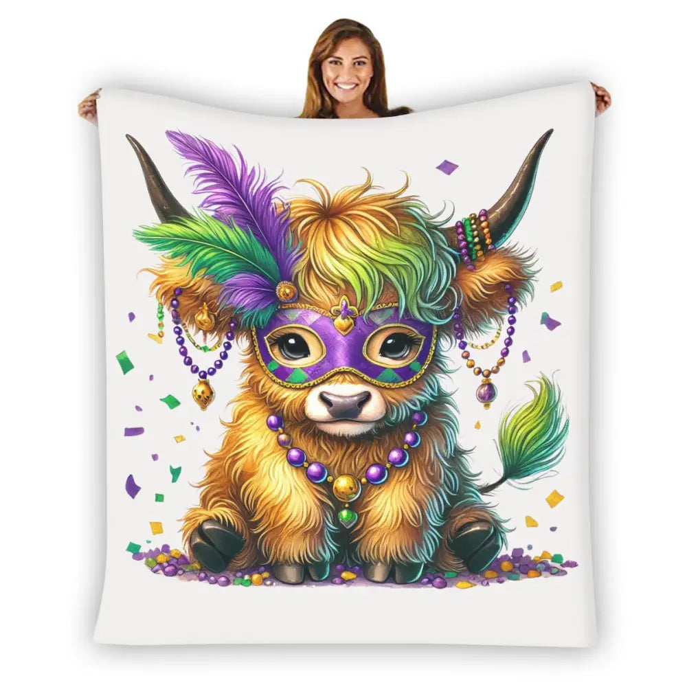 Mardi Gras Highland Cow Flannel Fleece Blanket - Holiday Gifts