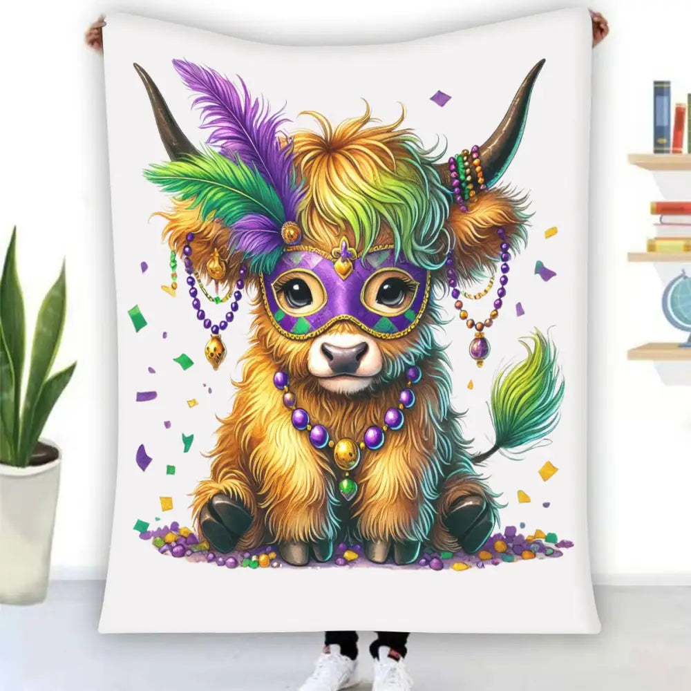 Mardi Gras Highland Cow Flannel Fleece Blanket - Holiday Gifts