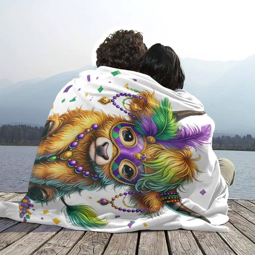 Mardi Gras Highland Cow Flannel Fleece Blanket - Holiday Gifts