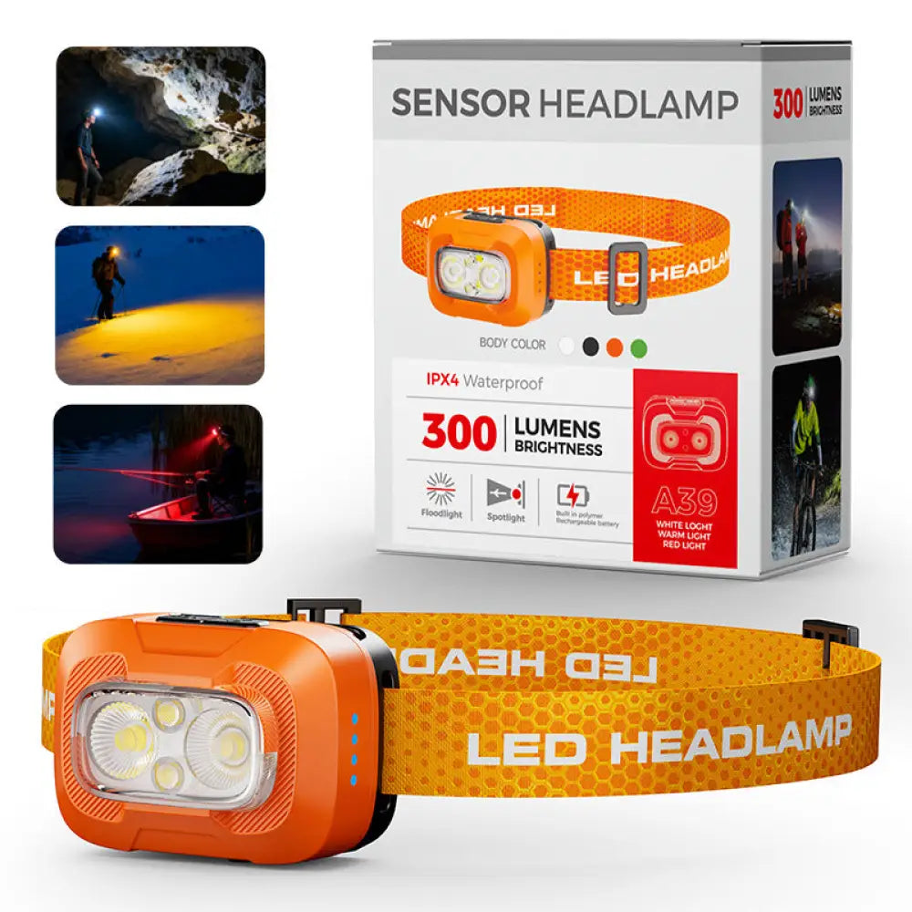 Rechargeable LED Headlamp 5W - Waterproof 3-Color Outdoor Headlight with 360 Degree Rotation & 1500mAh Battery - Orange