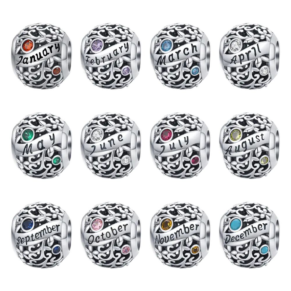 S925 Sterling Silver Birthstone Beads - 12 Month Zirconia Charm Loose Beads for DIY Bracelets - 1 Set / 925 Silver