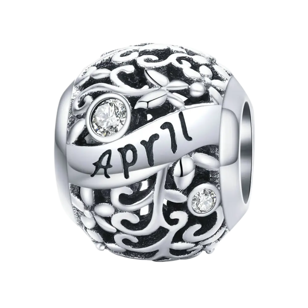 S925 Sterling Silver Birthstone Beads - 12 Month Zirconia Charm Loose Beads for DIY Bracelets - April / 925 Silver