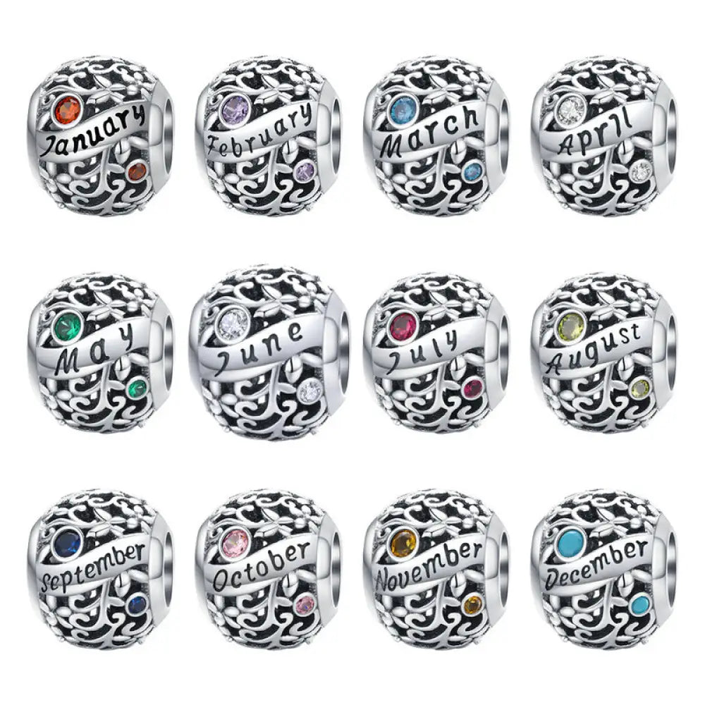 S925 Sterling Silver Birthstone Beads - 12 Month Zirconia Charm Loose Beads for DIY Bracelets - Gifts for All Occasions