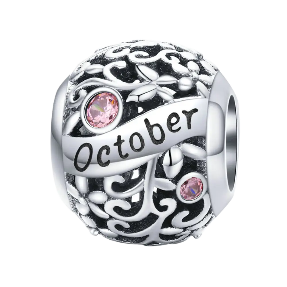 S925 Sterling Silver Birthstone Beads - 12 Month Zirconia Charm Loose Beads for DIY Bracelets - October / 925 Silver
