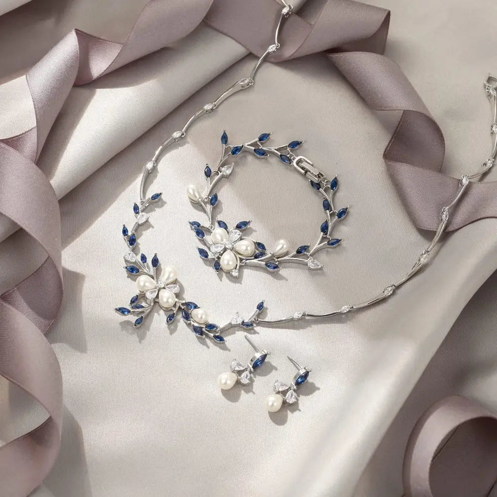 Silver Vine and Pearl Bridal Jewelry Set with Blue Stones - Blue white - Gifts for All Occasions