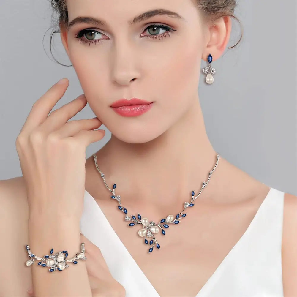 Silver Vine and Pearl Bridal Jewelry Set with Blue Stones - Blue white - Gifts for All Occasions