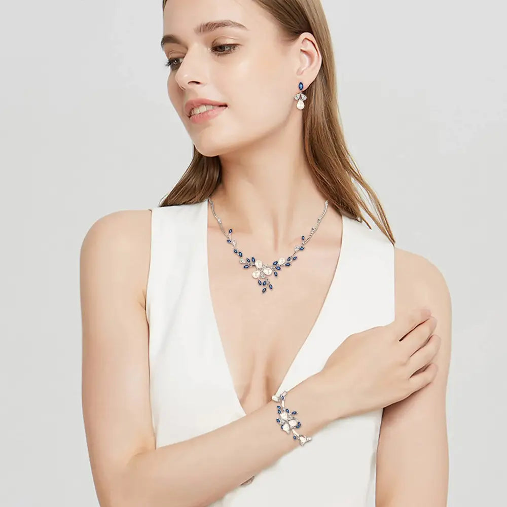 Silver Vine and Pearl Bridal Jewelry Set with Blue Stones - Blue white - Gifts for All Occasions