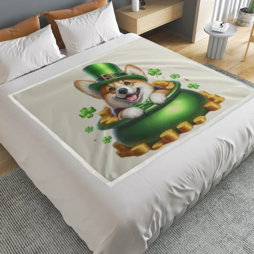 St. Patrick’s Day Corgi Pot of Gold Micro Fleece Suede Blanket - Holiday Gifts