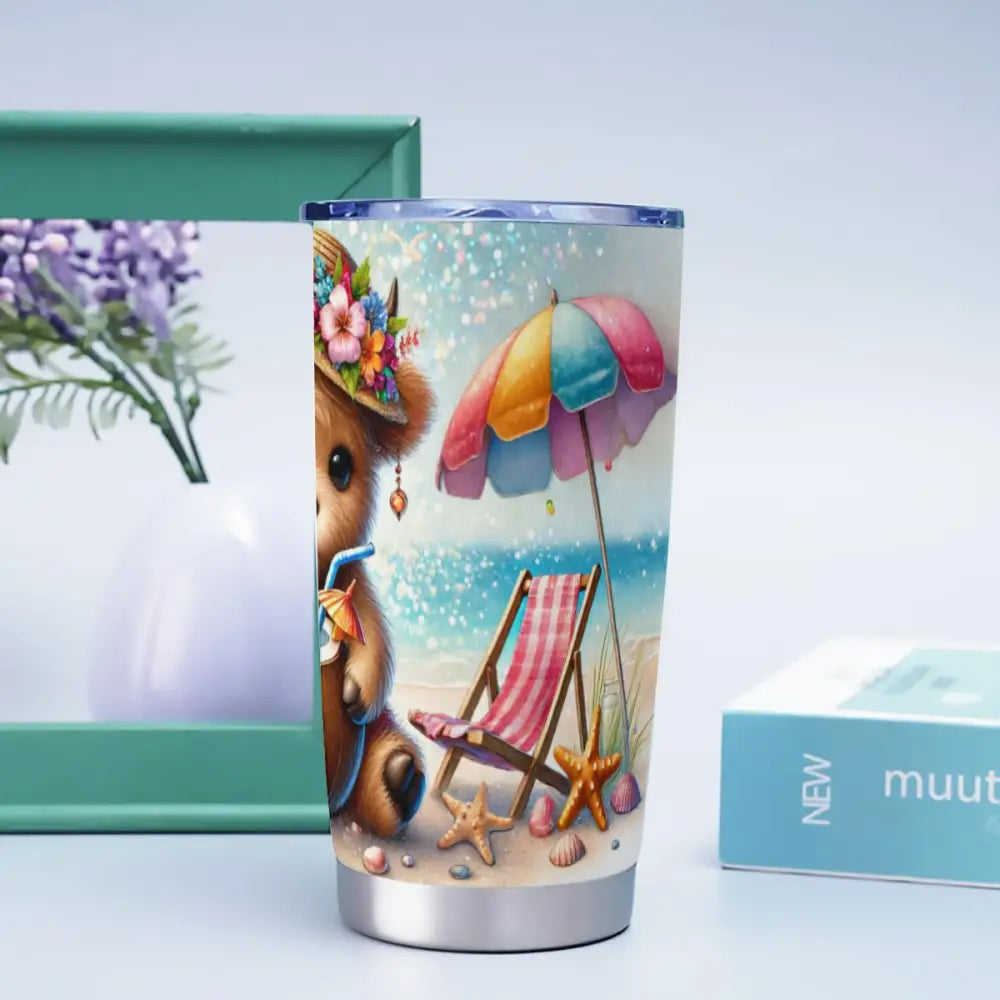 Summer Highland Cow 20oz Stainless Steel Tumbler – Farmhouse Insulated Travel Mug with Lid - 20OZ / White - Gifts