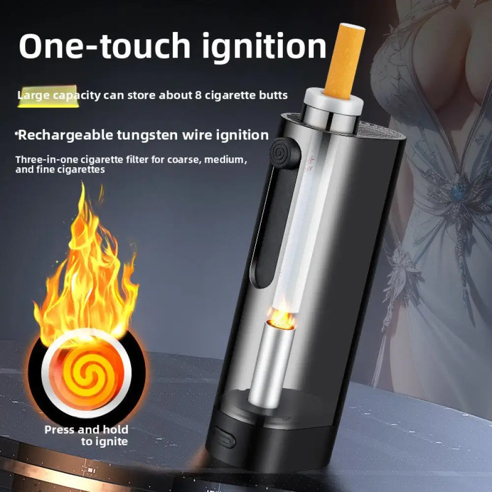 USB Rechargeable Car Ashtray with Push-Button Lighter Portable Smokeless Ash Holder with Gift Box - Consumer Electronics