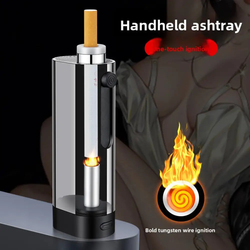 USB Rechargeable Car Ashtray with Push-Button Lighter Portable Smokeless Ash Holder with Gift Box - Consumer Electronics