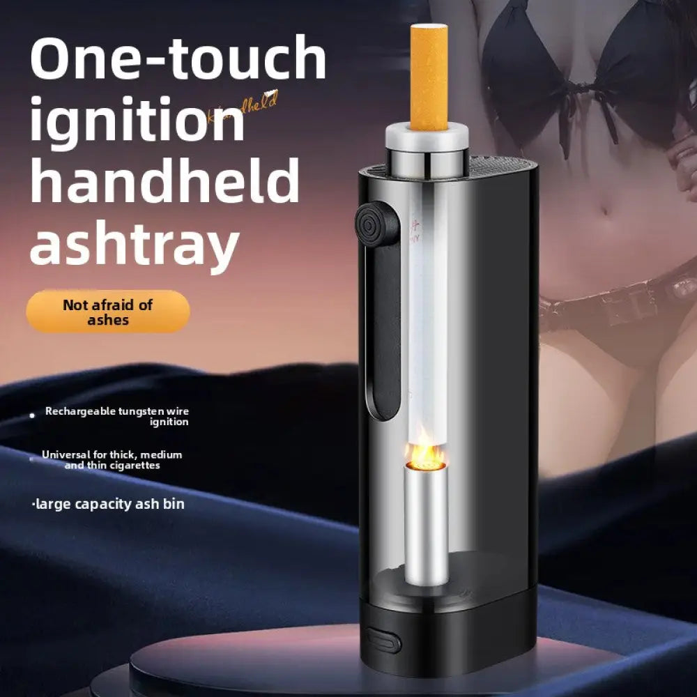 USB Rechargeable Car Ashtray with Push-Button Lighter Portable Smokeless Ash Holder with Gift Box - Consumer Electronics