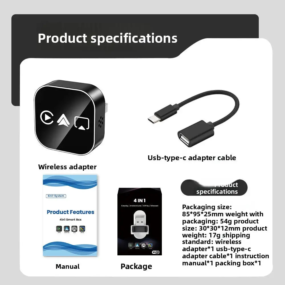 Wireless CarPlay & Android Auto Adapter 1080P USB Plug & Play Converter for iOS & Android - P19T 4 Black Type C